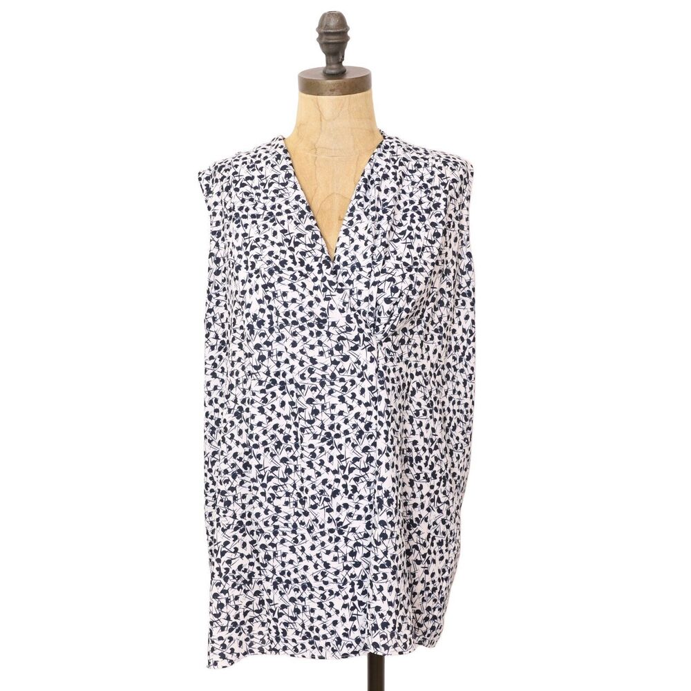 DONNA KARAN Printed Snap Draped Blouse L V-Neck Sleeveless Tank White Black B53